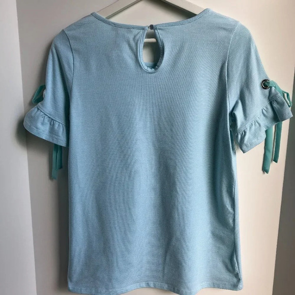 Tribal Short Sleeve Scoop Neck Stripped Top Ruffle Design Blue Aqua Sz S NWT - Picture 5 of 9